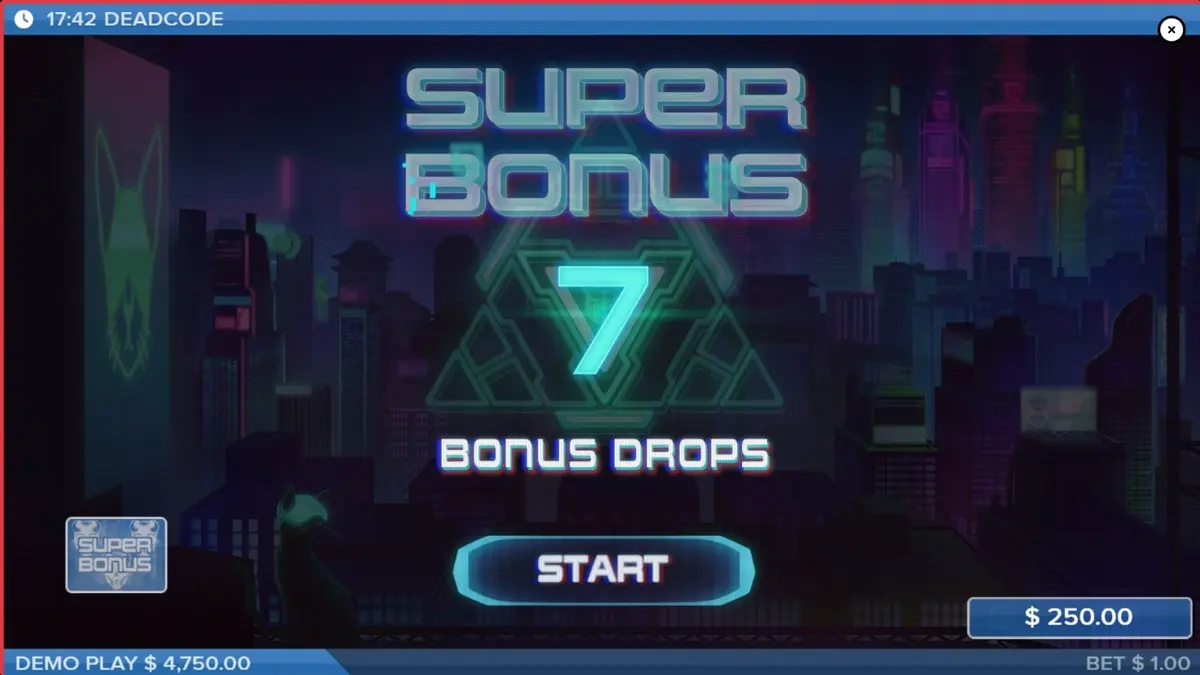 Neon cyberpunk interface ng Deadcode slot na may futuristic na disenyo